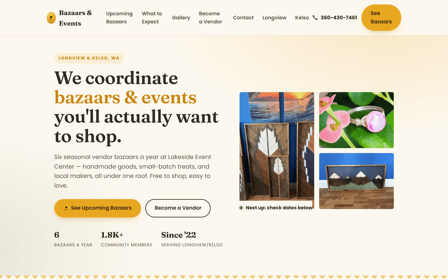 Screenshot of the Bazaars & Events website