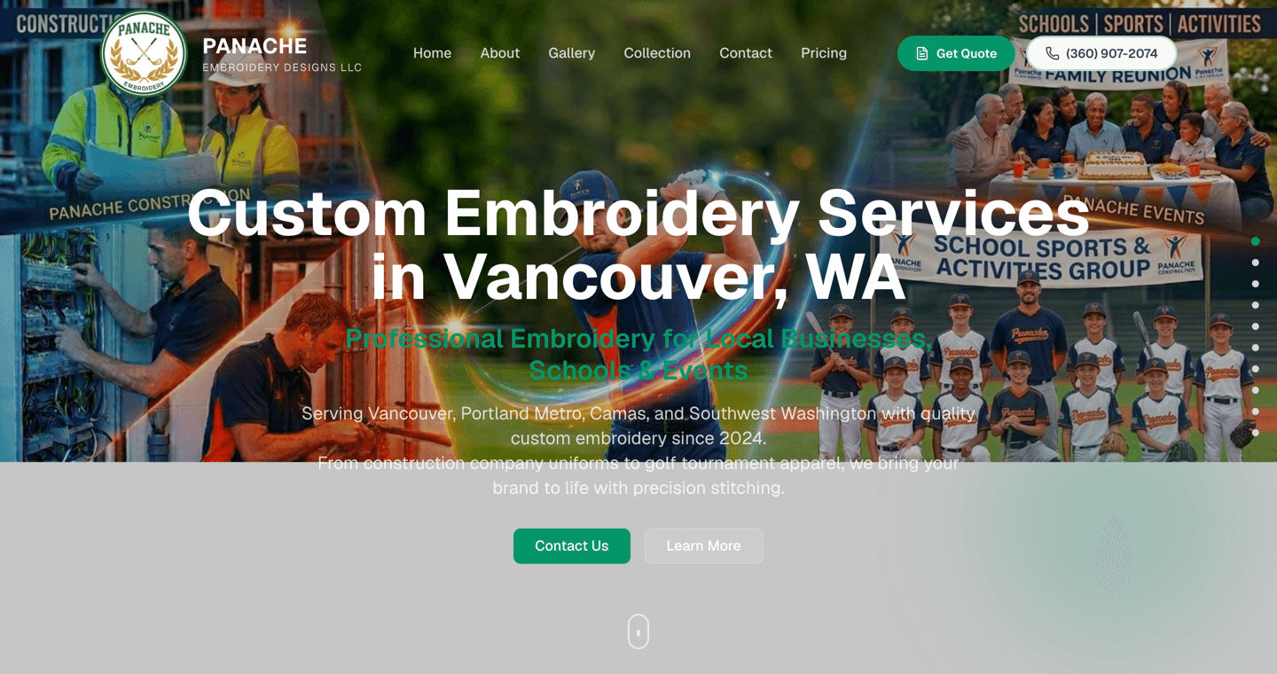 Screenshot of the Panache Embroidery Designs website